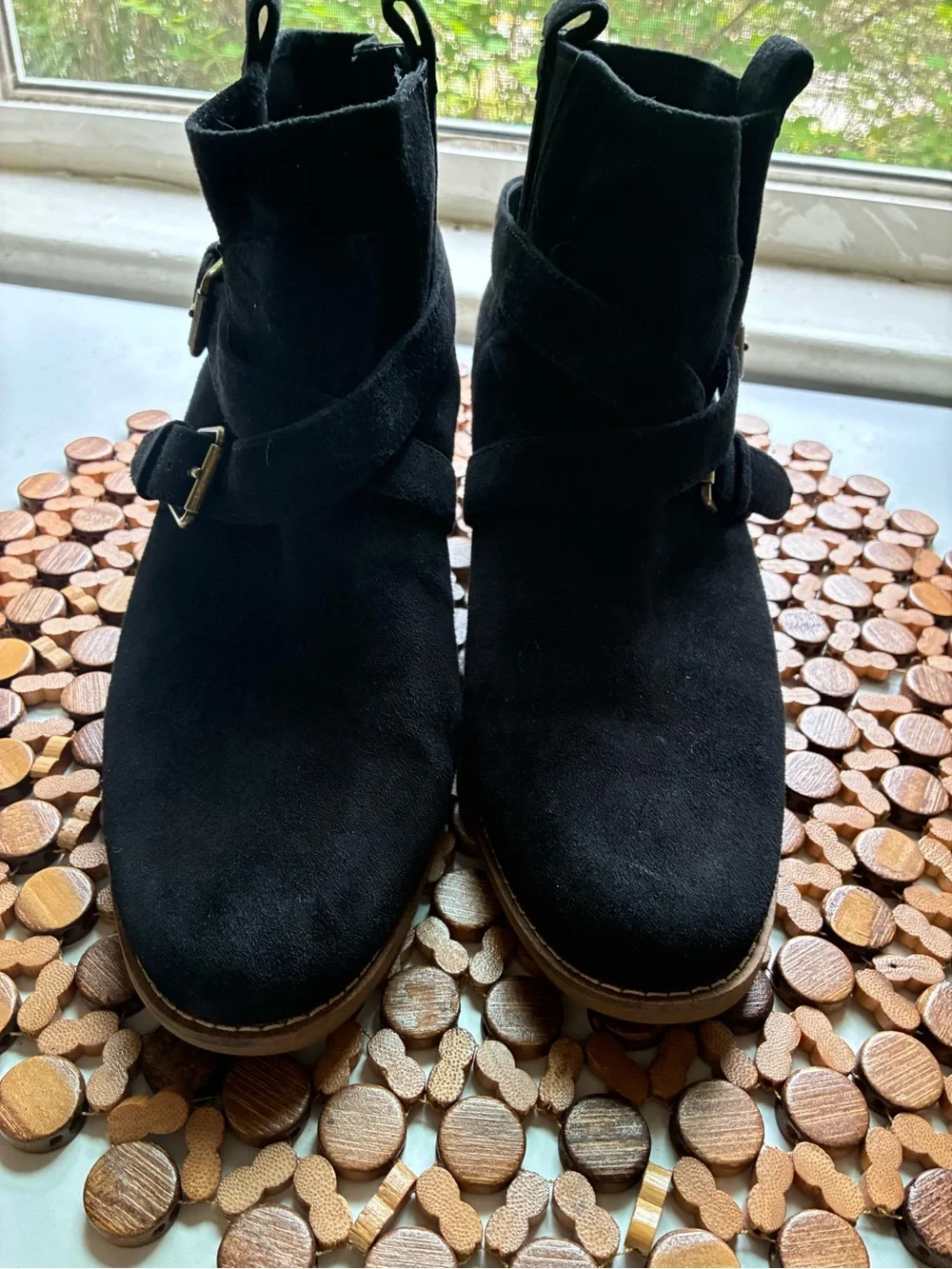 Black Suede Ankle Boots with Buckle Strap